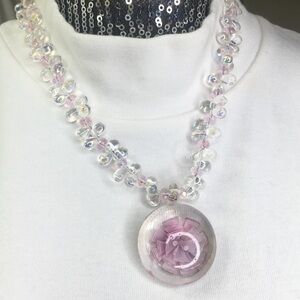Artisan Hand blown Pendant clear glass pink flower crystal beaded necklace 18"